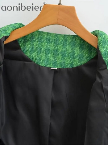 Aonibeier 2023 Άνοιξη Γυναικείο μπουφάν Traf Μεταλλικά κουμπιά Εφαρμοσμένα Houndstooth Blazers Γυναικεία κομψά μπλουζάκια Cropped Πράσινα