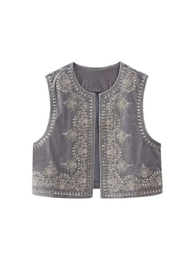 Nlzgmsj TRAF Wmen Vintage O λαιμόκοκκοι παγιέτες λουλουδιών κέντημα κοντό γιλέκο Γυναικείο αμάνικο casual βελούδινο παλτό