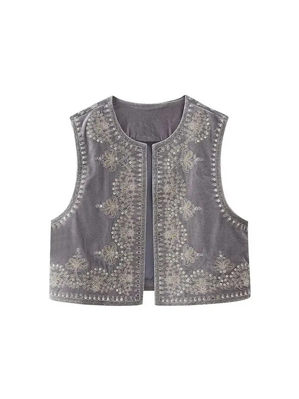 Nlzgmsj TRAF Wmen Vintage O λαιμόκοκκοι παγιέτες λουλουδιών κέντημα κοντό γιλέκο Γυναικείο αμάνικο casual βελούδινο παλτό