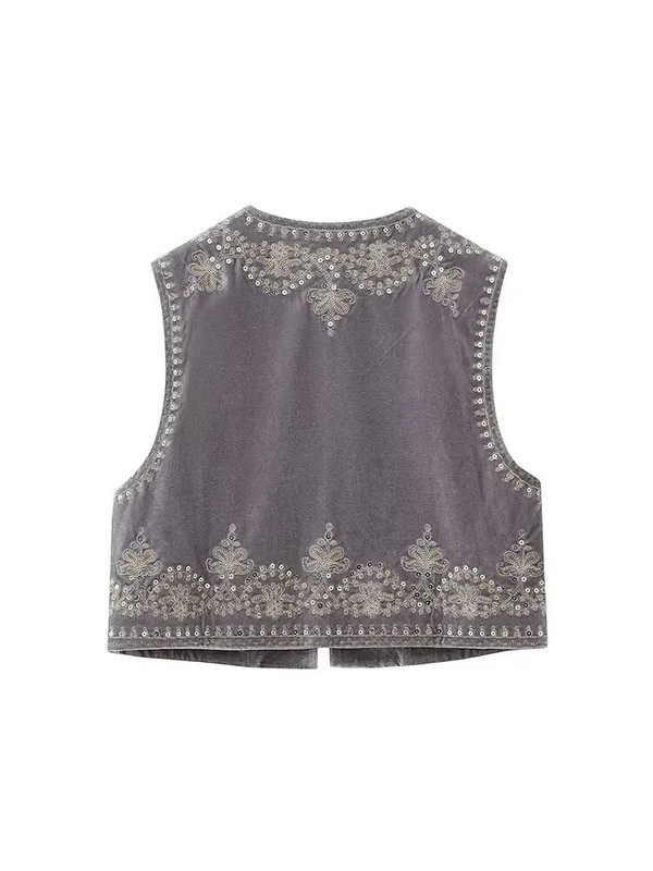 Nlzgmsj TRAF Wmen Vintage O λαιμόκοκκοι παγιέτες λουλουδιών κέντημα κοντό γιλέκο Γυναικείο αμάνικο casual βελούδινο παλτό