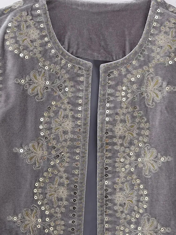 Nlzgmsj TRAF Wmen Vintage O λαιμόκοκκοι παγιέτες λουλουδιών κέντημα κοντό γιλέκο Γυναικείο αμάνικο casual βελούδινο παλτό