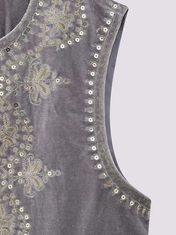 Nlzgmsj TRAF Wmen Vintage O λαιμόκοκκοι παγιέτες λουλουδιών κέντημα κοντό γιλέκο Γυναικείο αμάνικο casual βελούδινο παλτό