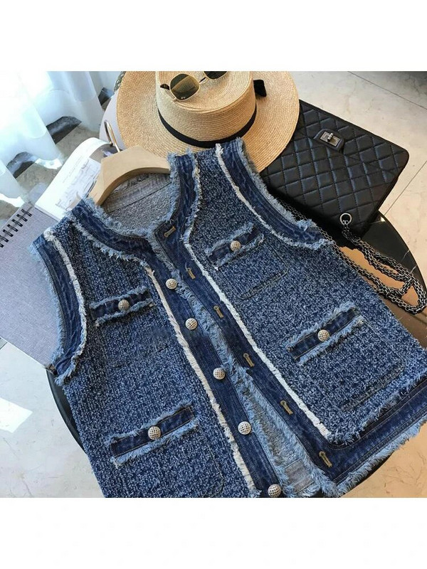 2023 Καλοκαίρι Κορεάτικο στυλ Casual αμάνικο τζιν γιλέκο Γυναικεία μόδα Street Style Μπλε Y2K Loose μονό παλτό