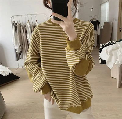 Kevad-sügis uus ümara kaelusega triibuline lihtne kampsun Naiste pikkade varrukatega vaba vabaaja mood top naiste pullover Naiste riided