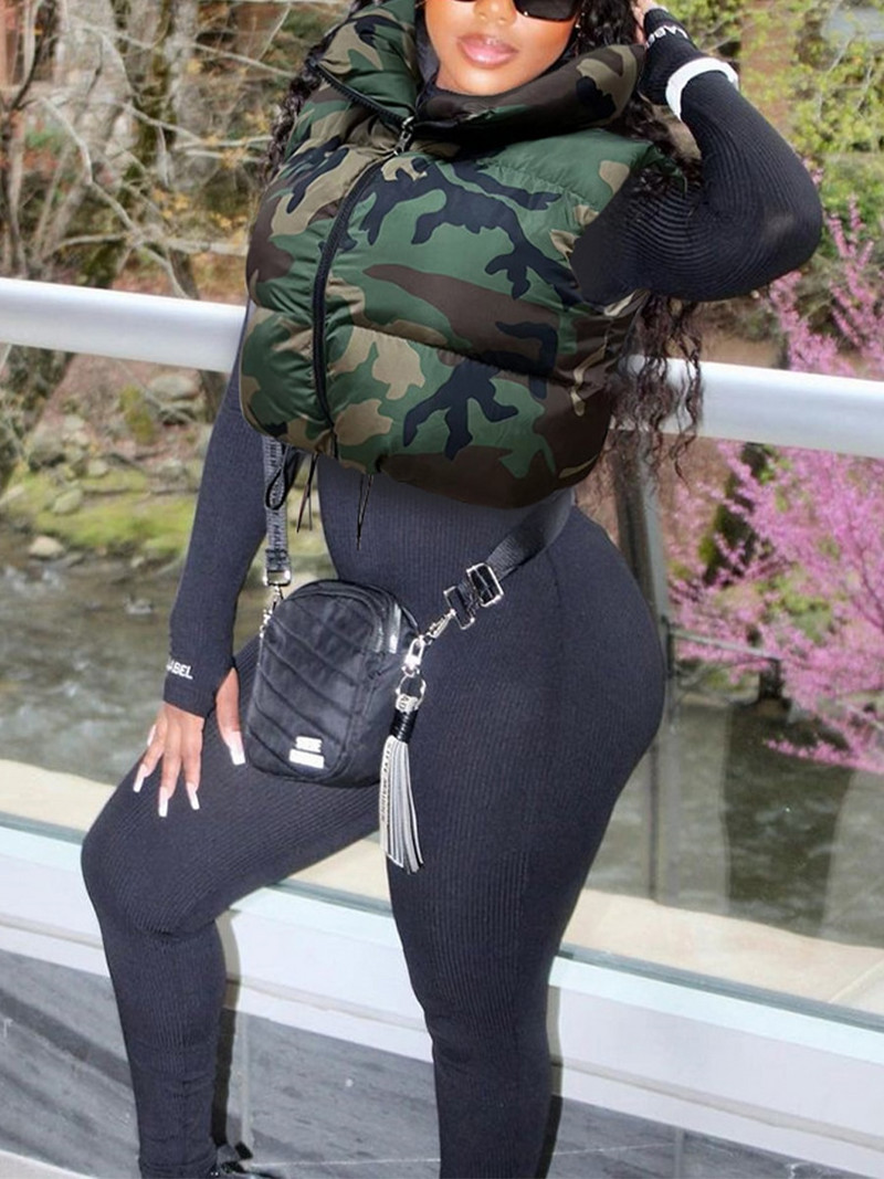 Jachete puf pentru femei cu imprimeu de camuflaj Vestă fără mâneci Camo cald drăguț paltoane cu bule Parka guler cu fermoar Îmbrăcăminte capitonată
