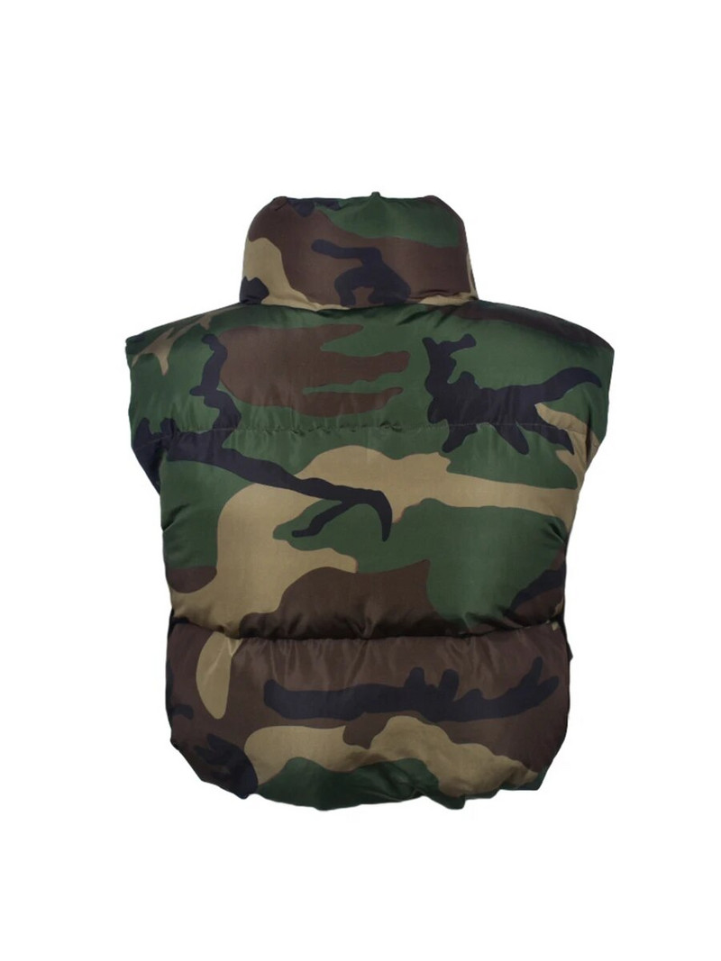Jachete puf pentru femei cu imprimeu de camuflaj Vestă fără mâneci Camo cald drăguț paltoane cu bule Parka guler cu fermoar Îmbrăcăminte capitonată