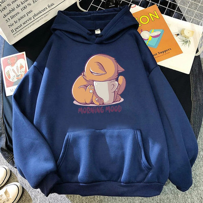 Η γάτα κοιτάζει το κύπελλο Υπέροχες γυναίκες με κουκούλα κινούμενα σχέδια Street πουλόβερ Φαρδιά casual φούτερ Fleece Υπερμεγέθη Γυναικεία φούτερ