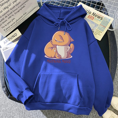 Η γάτα κοιτάζει το κύπελλο Υπέροχες γυναίκες με κουκούλα κινούμενα σχέδια Street πουλόβερ Φαρδιά casual φούτερ Fleece Υπερμεγέθη Γυναικεία φούτερ