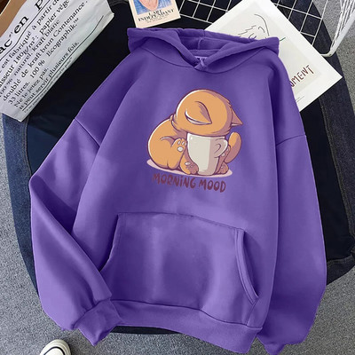 Η γάτα κοιτάζει το κύπελλο Υπέροχες γυναίκες με κουκούλα κινούμενα σχέδια Street πουλόβερ Φαρδιά casual φούτερ Fleece Υπερμεγέθη Γυναικεία φούτερ