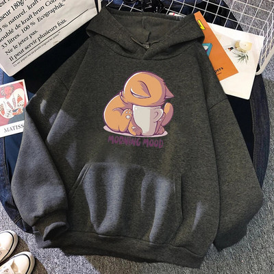 Η γάτα κοιτάζει το κύπελλο Υπέροχες γυναίκες με κουκούλα κινούμενα σχέδια Street πουλόβερ Φαρδιά casual φούτερ Fleece Υπερμεγέθη Γυναικεία φούτερ