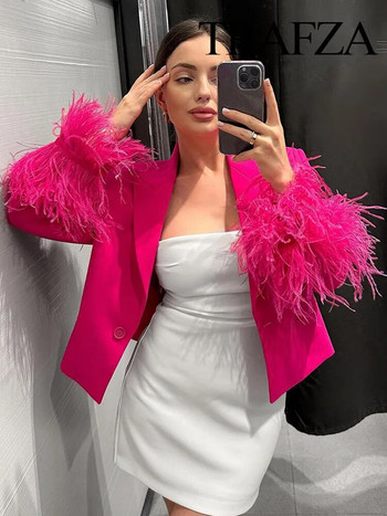 TRAFZA Summer New Fashion Γυναικείο ροζ μακρυμάνικο πέτο φαρδιά παλτό Γυναικείο μπουφάν με πούπουλα συνονθύλευμα κουμπιά διακοσμητικά παλτό κοστουμιών