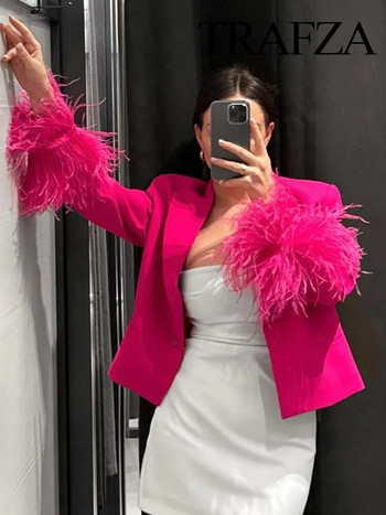 TRAFZA Summer New Fashion Γυναικείο ροζ μακρυμάνικο πέτο φαρδιά παλτό Γυναικείο μπουφάν με πούπουλα συνονθύλευμα κουμπιά διακοσμητικά παλτό κοστουμιών