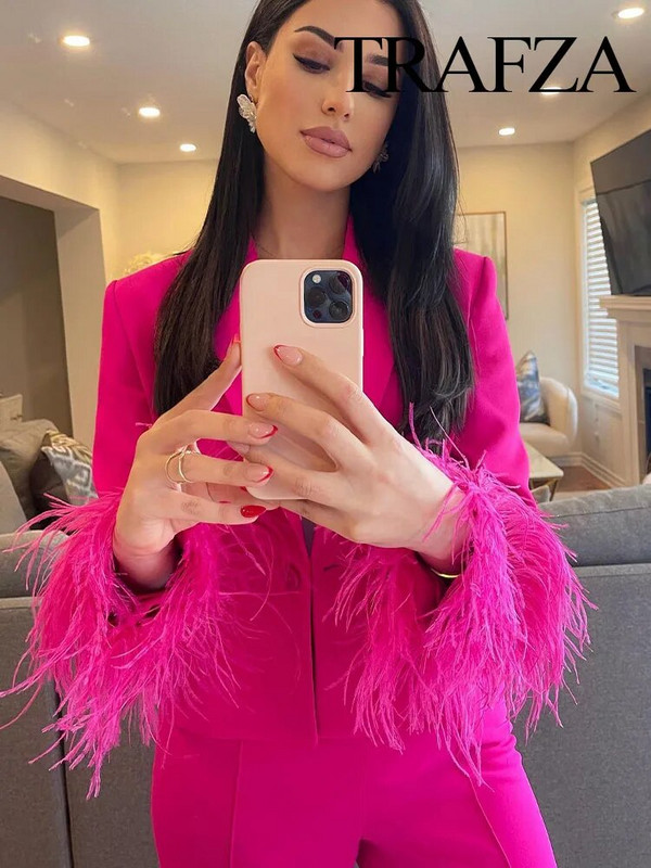 TRAFZA Summer New Fashion Γυναικείο ροζ μακρυμάνικο πέτο φαρδιά παλτό Γυναικείο μπουφάν με πούπουλα συνονθύλευμα κουμπιά διακοσμητικά παλτό κοστουμιών