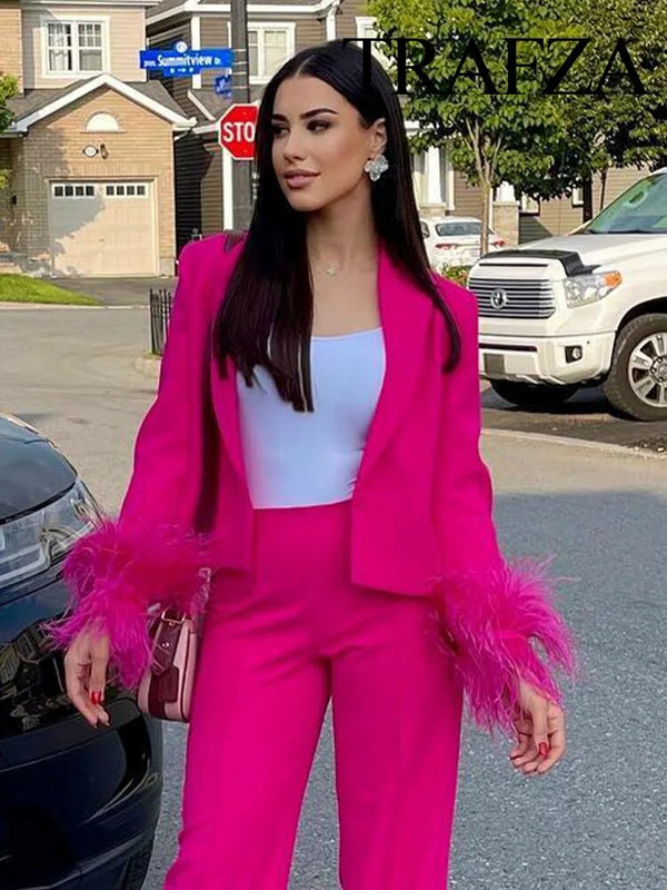 TRAFZA Summer New Fashion Γυναικείο ροζ μακρυμάνικο πέτο φαρδιά παλτό Γυναικείο μπουφάν με πούπουλα συνονθύλευμα κουμπιά διακοσμητικά παλτό κοστουμιών