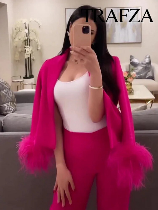 TRAFZA Summer New Fashion Γυναικείο ροζ μακρυμάνικο πέτο φαρδιά παλτό Γυναικείο μπουφάν με πούπουλα συνονθύλευμα κουμπιά διακοσμητικά παλτό κοστουμιών