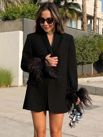 KLKXMYT TRAF Φτερό Blazer Γυναικείο μπουφάν με μαύρο κουμπί Γυναικεία μακρυμάνικα ρούχα γραφείου Γυναικεία σακάκια Streetwear Χειμερινά γυναικεία παλτό