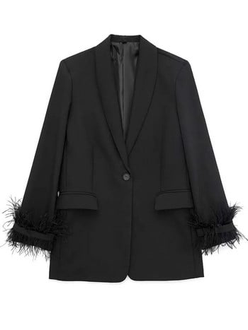 KLKXMYT TRAF Φτερό Blazer Γυναικείο μπουφάν με μαύρο κουμπί Γυναικεία μακρυμάνικα ρούχα γραφείου Γυναικεία σακάκια Streetwear Χειμερινά γυναικεία παλτό