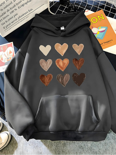 Hirsionsan Harajuku Südameprinteriga naiste dressipluus 2023 Uus talvine pehme vabaaja avar, soe naiste kapuuts Fliisist naisteriided