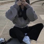 Naiste korea versiooniga kapuutsid Naiste vintage soliidsed lühikeste pikkade varrukatega lahtised jakid Harajuku vabaaja lukuga kapuutsiga dressipluusid