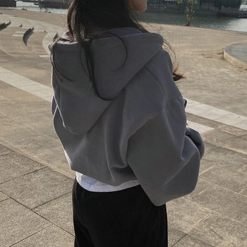 Γυναικεία κορεάτικη έκδοση με κουκούλα Γυναικεία vintage μασίφ κοντό μακρυμάνικο φαρδύ παλτό μπουφάν Harajuku Casual φούτερ με φερμουάρ