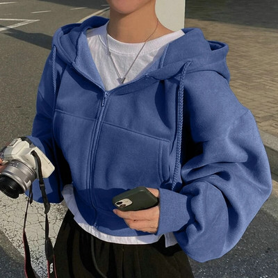 Naiste korea versiooniga kapuutsid Naiste vintage soliidsed lühikeste pikkade varrukatega lahtised jakid Harajuku vabaaja lukuga kapuutsiga dressipluusid