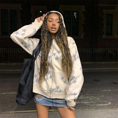 Γυναικεία Vintage Star Print Hoodies Fashion Casual με φερμουάρ και μακρυμάνικο φαρδύ μπουφάν Φούτερ Harajuku με κουκούλα Y2k Streetwear