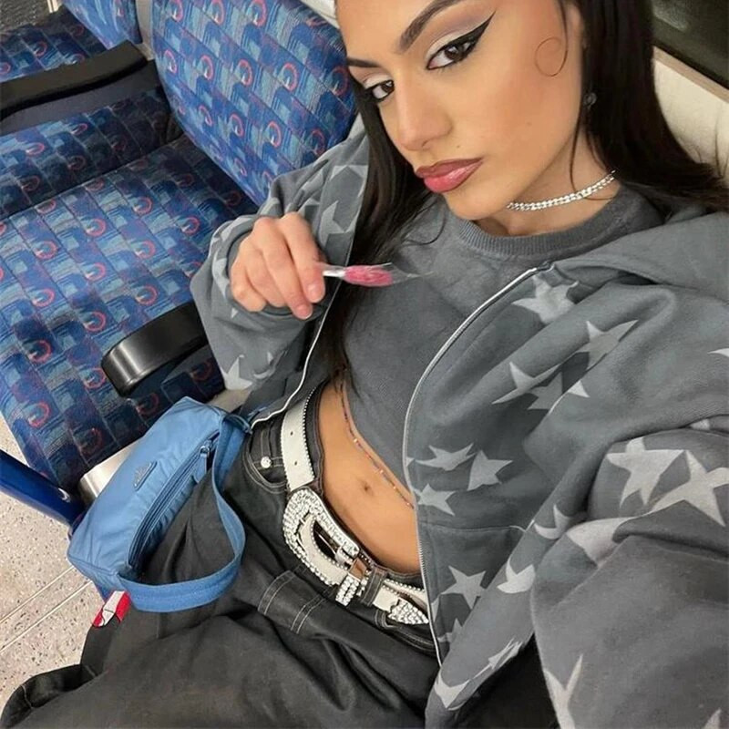 Γυναικεία Vintage Star Print Hoodies Fashion Casual με φερμουάρ και μακρυμάνικο φαρδύ μπουφάν Φούτερ Harajuku με κουκούλα Y2k Streetwear