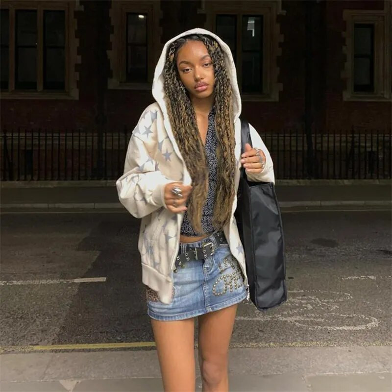 Γυναικεία Vintage Star Print Hoodies Fashion Casual με φερμουάρ και μακρυμάνικο φαρδύ μπουφάν Φούτερ Harajuku με κουκούλα Y2k Streetwear