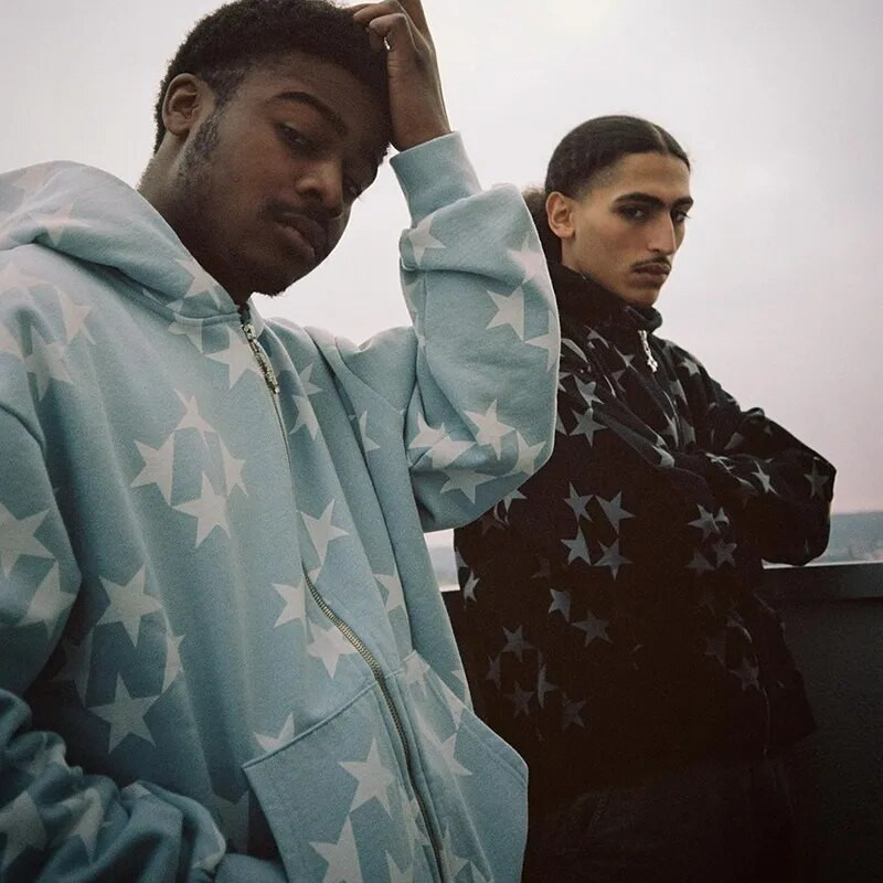 Γυναικεία Vintage Star Print Hoodies Fashion Casual με φερμουάρ και μακρυμάνικο φαρδύ μπουφάν Φούτερ Harajuku με κουκούλα Y2k Streetwear