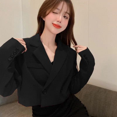 Crveni skraćeni blejzer Ženski vintage proljetni uski gornji dijelovi s urezima, košulja s dvorednim kopčanjem, crno-bijela jakna, kaput