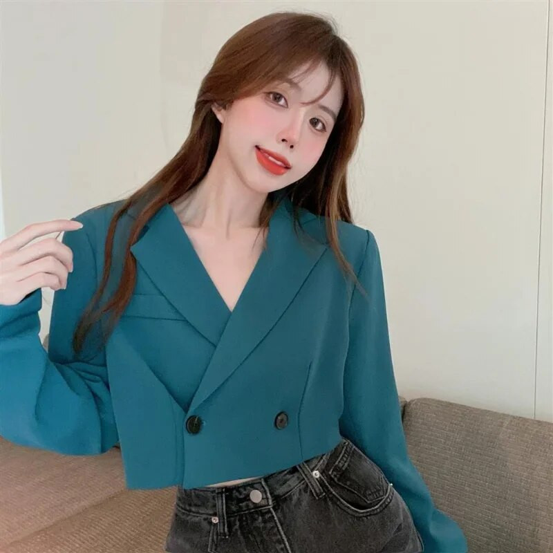 Crveni skraćeni blejzer Ženski vintage proljetni uski gornji dijelovi s urezima, košulja s dvorednim kopčanjem, crno-bijela jakna, kaput