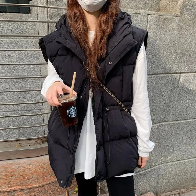 Talvine kapuutsiga suur 4xl vest soe puhvis varrukateta jakid, paksud puuvillased Chaleco mood reguleeritava vöökohaga vest