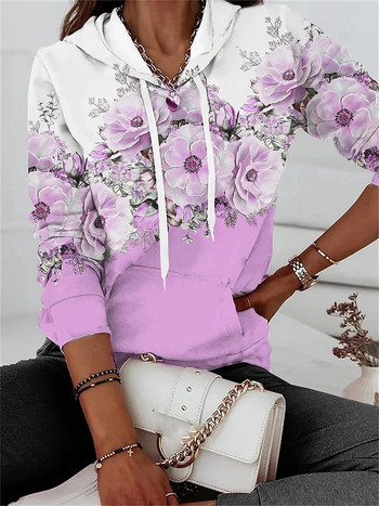 Щампа с цветен елемент Дамско спортно облекло 2023 Есен нов дамски пуловер с кръгло деколте Ежедневна удобна дамска риза с лента