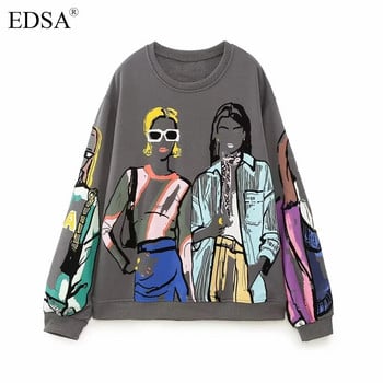 EDSA Дамски ежедневен суичър с принт за момичета 2023 г. Нов модерен дамски суичър с кръгло деколте и дълги ръкави с избелял ефект, качулки, шикозни пуловери, горнища