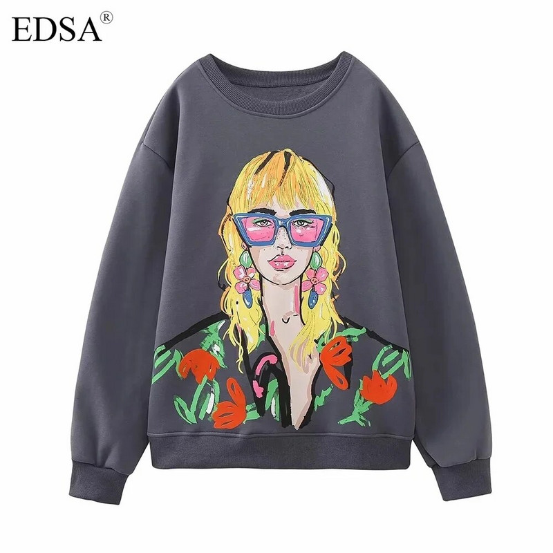 EDSA naiste vabaaja tüdrukute dressipluus 2023, uus moodne naiste ümarkaelus, pikkade varrukatega pleekinud efektiga kapuuts, šikk pullover