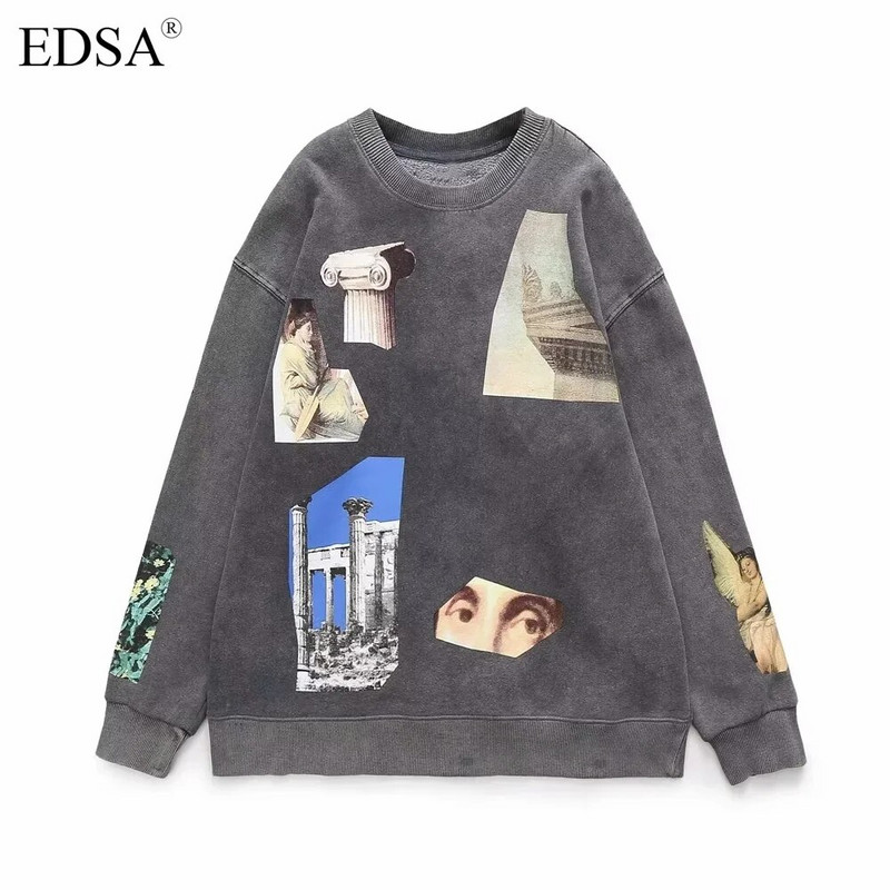 EDSA naiste vabaaja tüdrukute dressipluus 2023, uus moodne naiste ümarkaelus, pikkade varrukatega pleekinud efektiga kapuuts, šikk pullover