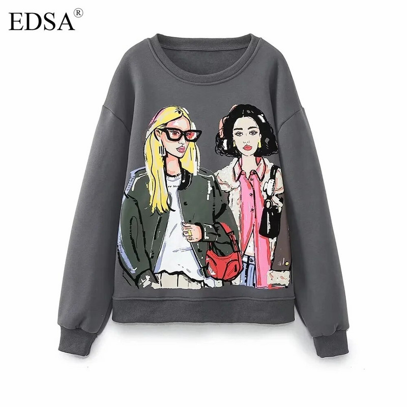 EDSA naiste vabaaja tüdrukute dressipluus 2023, uus moodne naiste ümarkaelus, pikkade varrukatega pleekinud efektiga kapuuts, šikk pullover