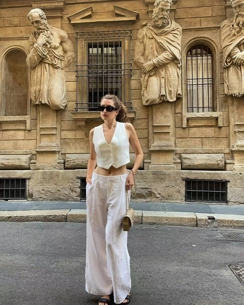 SLTNX TRAF Fashion Moteriška liemenė 2023 m. Vasaros prašmatnios V formos iškirptės liemenės be rankovių, moteriškos moteriškos baltos liemenės.