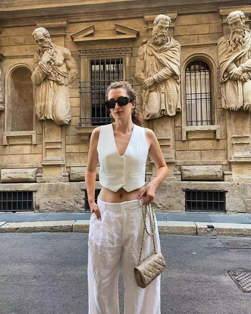 SLTNX TRAF Fashion Moteriška liemenė 2023 m. Vasaros prašmatnios V formos iškirptės liemenės be rankovių, moteriškos moteriškos baltos liemenės.