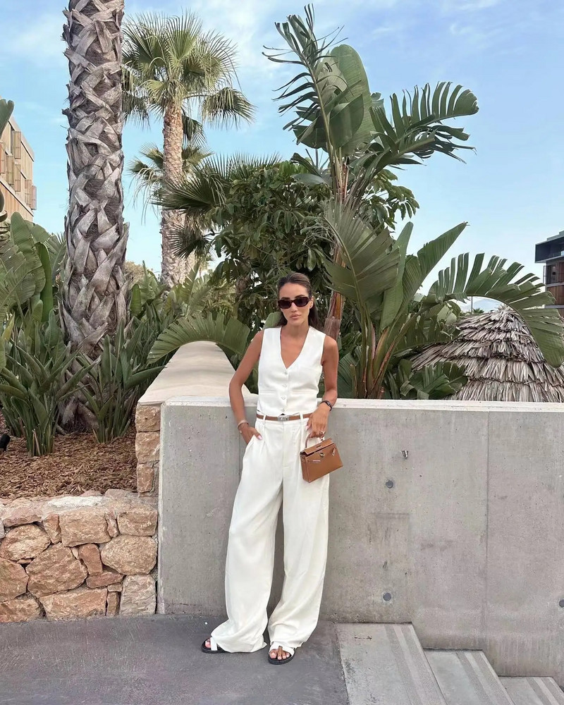 SLTNX TRAF Fashion Moteriška liemenė 2023 m. Vasaros prašmatnios V formos iškirptės liemenės be rankovių, moteriškos moteriškos baltos liemenės.