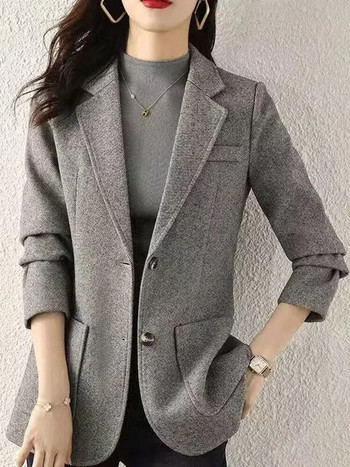 Zoki Harajuku Γκρι Tweed Blazer Γυναικείο ρετρό κομψό μακρυμάνικο γραφείο Γυναικείο κοστούμι παλτό casual Fall Fall με απλά κουμπιά Σχέδιο μπουφάν