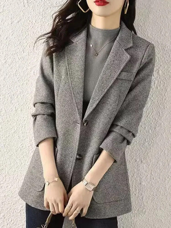 Zoki Harajuku hall Tweed bleiser naiste retroelegantne pikkade varrukatega kontoriülikonna mantel vabaaja sügise lihtsate nööpidega disainjakk