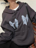 Weekeep Harajuku Bow Print Lahtised kapuutsid Sügises vabaaja täisvarrukatega kapuutsiga dressipluus Naiste ülisuured pulloverid y2k Street Style