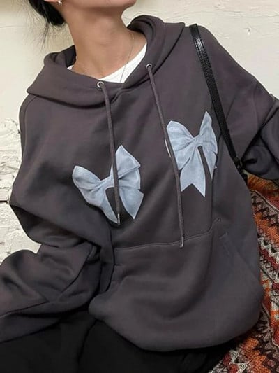 Weekeep Harajuku Bow Print Lahtised kapuutsid Sügises vabaaja täisvarrukatega kapuutsiga dressipluus Naiste ülisuured pulloverid y2k Street Style