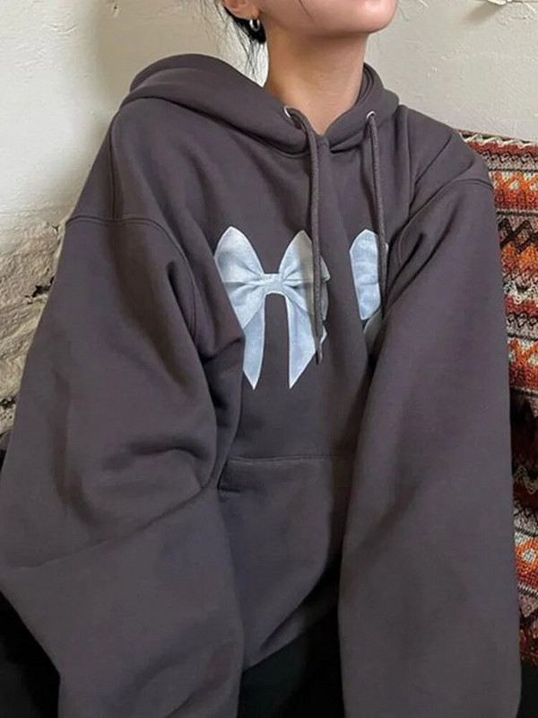 Weekeep Harajuku Bow Print Lahtised kapuutsid Sügises vabaaja täisvarrukatega kapuutsiga dressipluus Naiste ülisuured pulloverid y2k Street Style