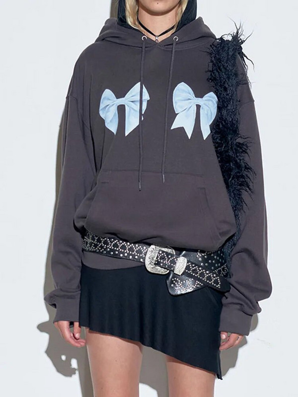 Weekeep Harajuku Bow Print Lahtised kapuutsid Sügises vabaaja täisvarrukatega kapuutsiga dressipluus Naiste ülisuured pulloverid y2k Street Style