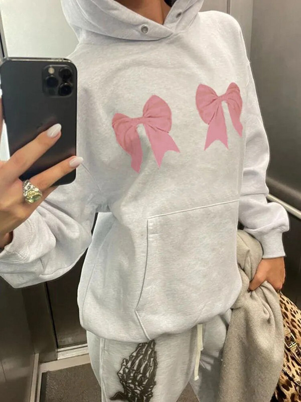 Weekeep Harajuku Bow Print Lahtised kapuutsid Sügises vabaaja täisvarrukatega kapuutsiga dressipluus Naiste ülisuured pulloverid y2k Street Style