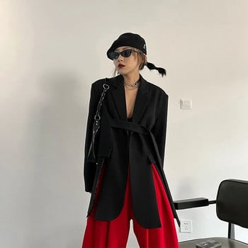 M-4Xl Streetwear Blazer Γυναικείο κοστούμι με κορδέλα με σχισμή σακάκι Κορεατικό γκρι υπερμεγέθη παλτό Κομψό Casual All Match Outwear Άνοιξη Φθινόπωρο