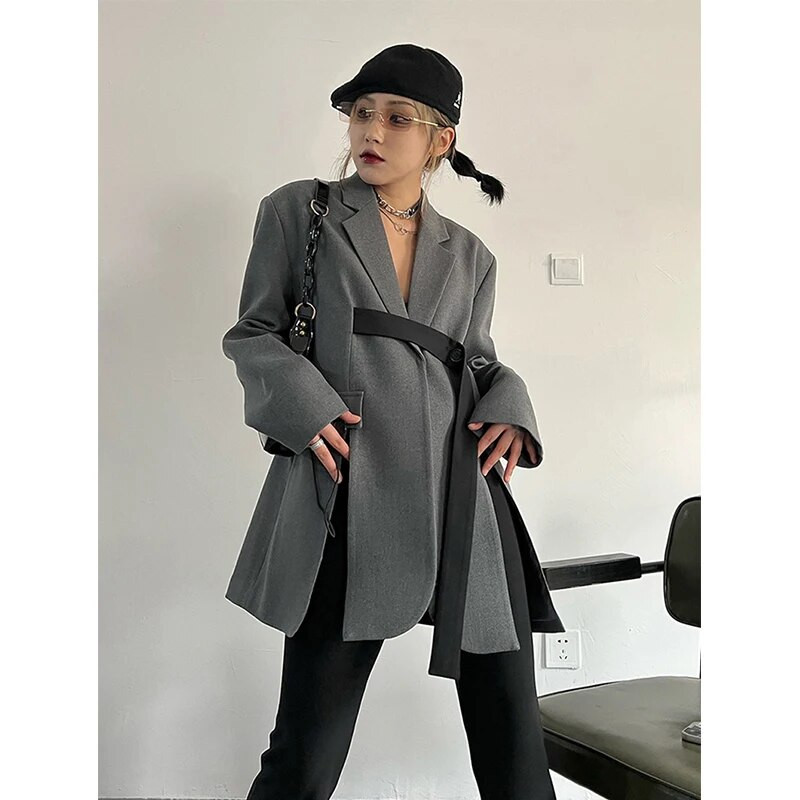 M-4Xl Tänavarõivaste bleiser Naiste lindiga lõhikuga kostüüm jakk Korea hall ülisuur mantel Elegantne vabaaja rõivad kevad-sügis