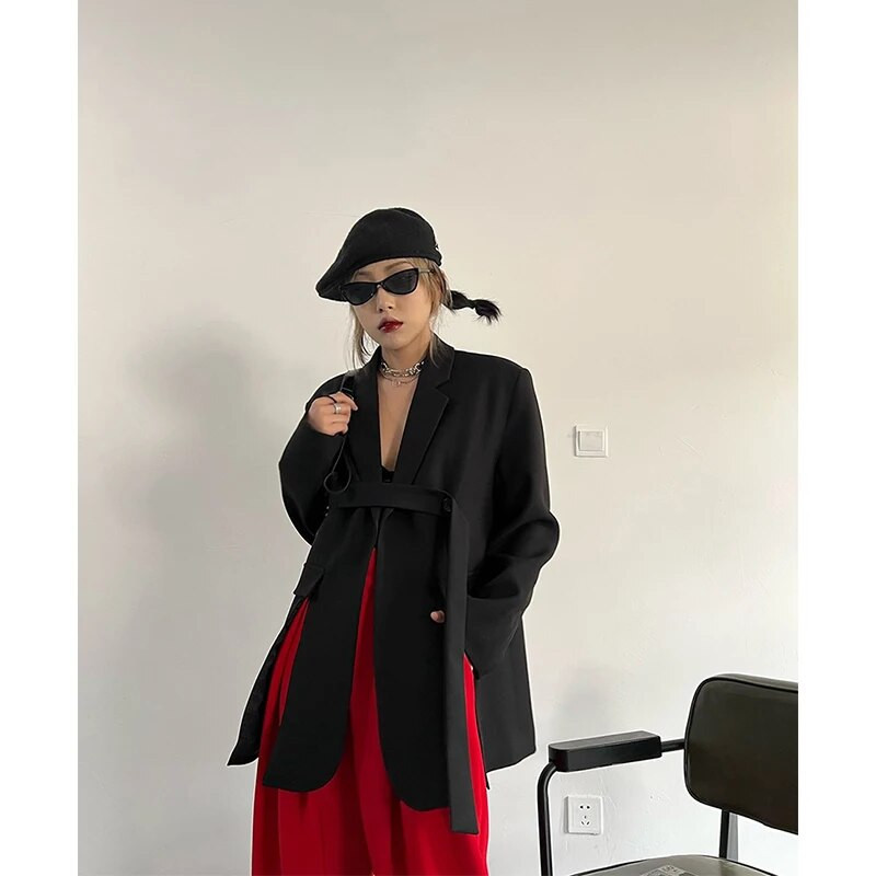 M-4Xl Tänavarõivaste bleiser Naiste lindiga lõhikuga kostüüm jakk Korea hall ülisuur mantel Elegantne vabaaja rõivad kevad-sügis